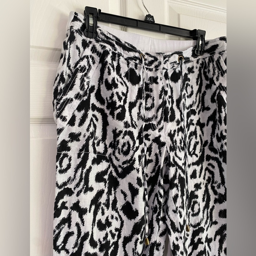Madison 100% Linen Pants Size 12 Black and White Elastic Waist Drawstring Beach - Picture 2 of 13